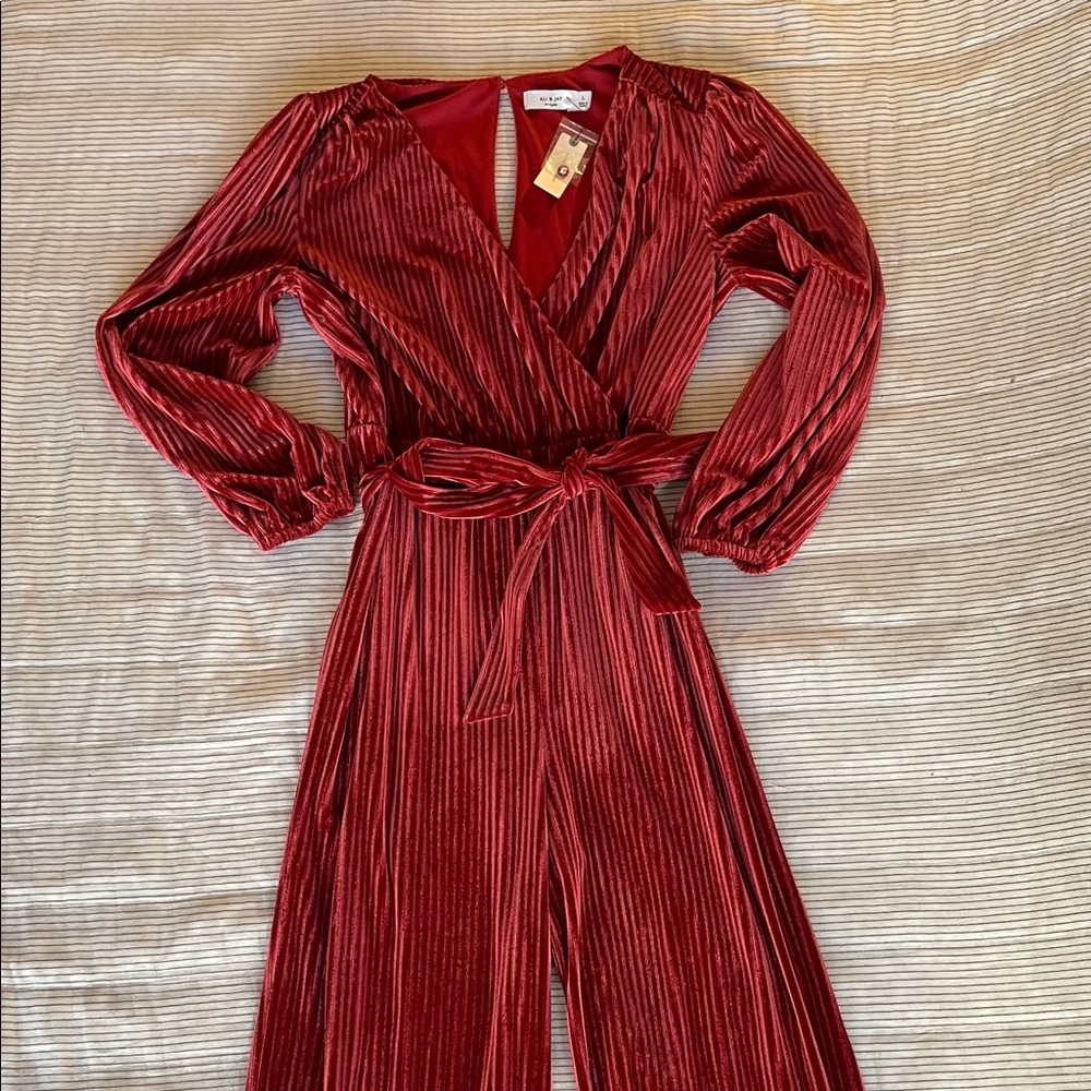 Red wide leg jumpsuit from Anthropologie
